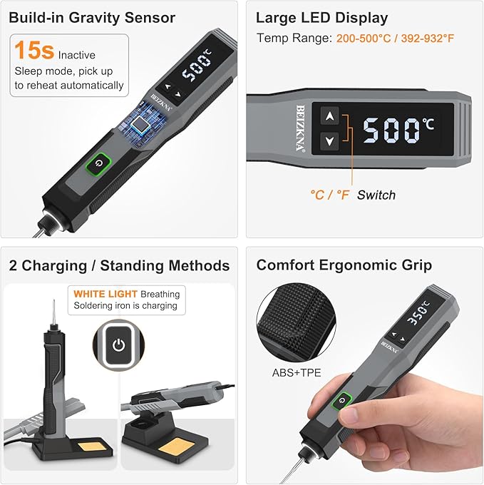 Soldering Iron Kit Cordless Soldering Iron 5s Fast Heating 392-932℉ 3200mAh Battery, LED Display, Auto Sleep, Portable Electric USB Rechargeable Solder Gun Wireless Welding Pen for Precision Repair