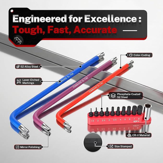 TOMMARS 9-PC Magnetic Torx Wrench Set, Color Coded T-Handle & Long Arm | Magnetic Head for Precision, TORX(T10-T50), Color Coded, Includes Screwdriver Bit Set & Adapter, S2 Steel