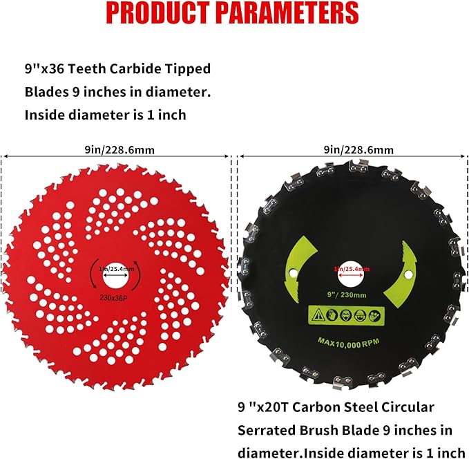 9" x 36 Teeth Carbide Tipped Brush Cutter Blades Weed Eater Trimmer Blade 9" x 20T Carbon Steel Round Chainsaw Tooth Brush Blades Compatible with Stihl, Ego,Husqvarna Brush Cutter, Trimmer, Weed Eater
