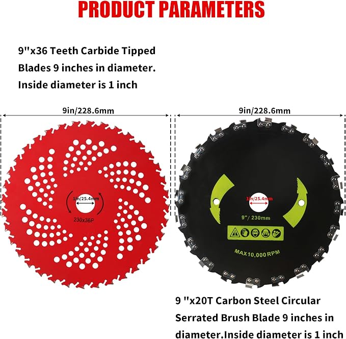 9"x20 Teeth Steel Round Brush Blades Carbon Chainsaw 9"x36T Cutter Weed Eater Blades - Universal Adapter Kit with 3 Round Files Compatible with Brush Cutter, Trimmer, Weed Eater, Stihl, Husqvarna, Ego