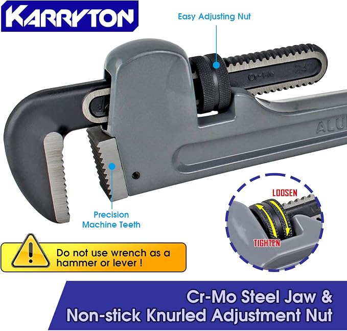 24 Inch Aluminum Pipe Wrench, 4"/100mm Adjustable Cr-Mo Jaw Opening Heavy Duty Straight Handle Plumbing Wrenches, Perfect Plumbers Tool Exceed GGG Standard