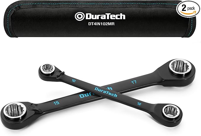 DURATECH 4-in-1 Reversible Ratcheting Box Wrench Set, Metric, 2 Pcs, Black | Double Box End, 8mm, 10mm, 12mm, 13mm & 14mm, 15mm, 17mm, 19mm, CR-V Steel, Black Electrocoat, Rolling Pouch