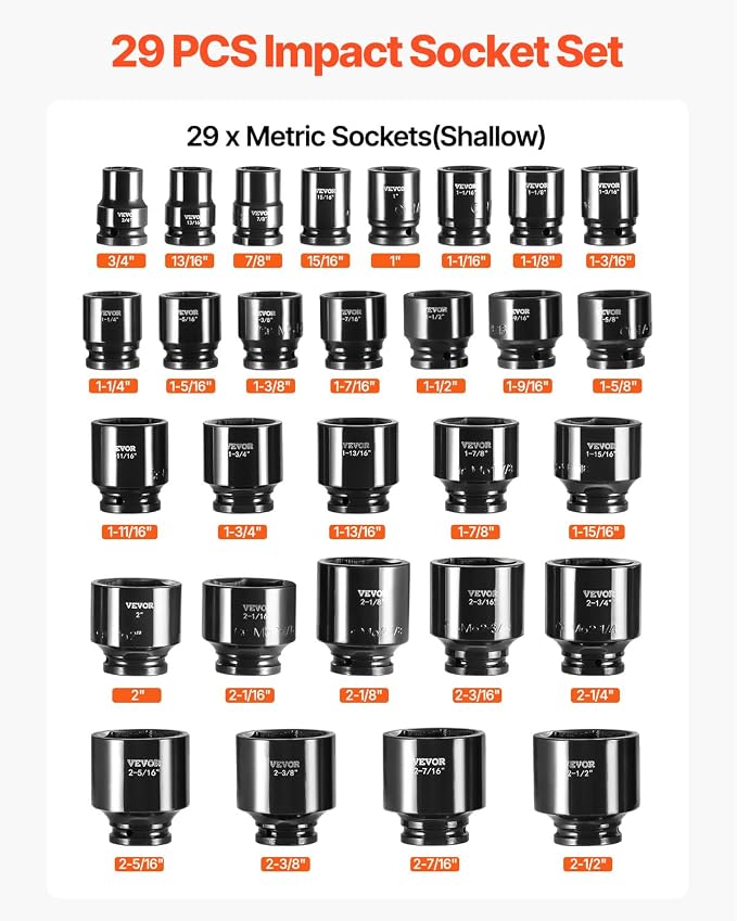 VEVOR 3/4" Drive Impact Socket Set, 29 Piece, CR-MO | SAE 3/4" to 2-1/2", 6 Point Sockets, Easy-to-Read Size Markings, Rugged Construction, with Storage Case