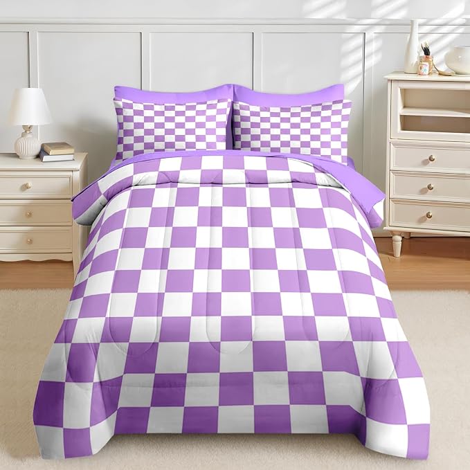 Nesker Comforter Set King Size, Purple Plaid Gingham 7 Pcs Bedding for Kids and Adults, Checkerboard Grid Bed Sheet Sets with Fitted Sheet 2 Pillowcases & 2 Shams