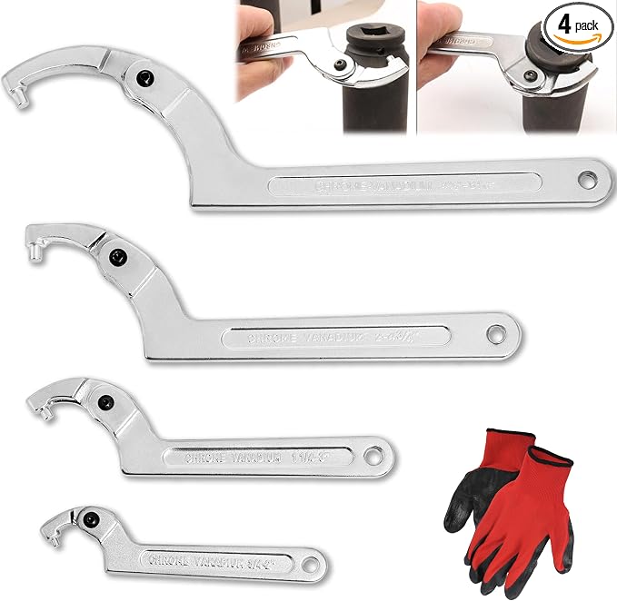 Adjustable C Pin Spanner Hook Wrench Set, Chrome Vanadium Steel 4 Size | 3/4-2", 1-1/4-3", 2-4-3/4", 4-1/2-6-7/10" Round Head Pin Spanner Wrench, Hydraulic Cylinder Tools for Lock Nuts and Bearings