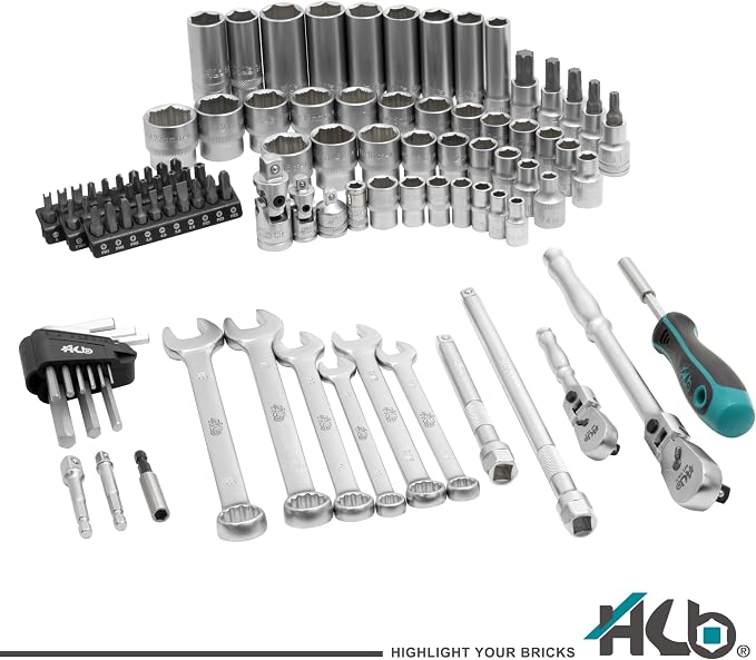 HB 100-Piece Socket Set AKX010-U, 90-Tooth Flex Head Ratchets 3/8"&1/4" Drive, Non-Slip Metric SAE Sockets, Deep & Standard, Impact Adapter, Wrenches, Torx Hex Bits, Tri-Fold Case, Made in Taiwan