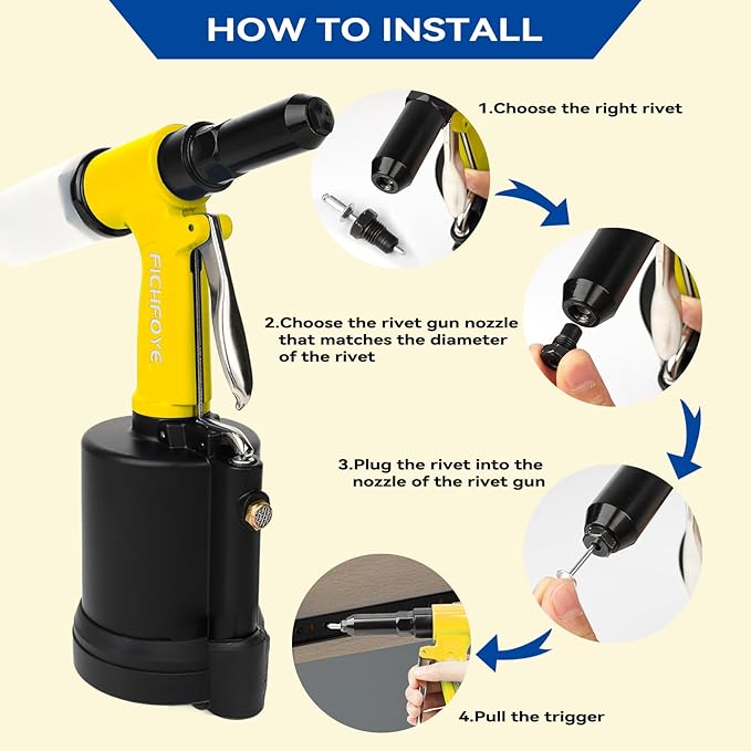 Heavy Duty Pneumatic Rivet Gun, 4000lbf Rivet Gun Set- 3/32", 1/8", 5/32", 3/16", 1/4" Air Riveter with NPT 1/4 inch for Automotive, Construction, Manufacturing Industries,Yellow