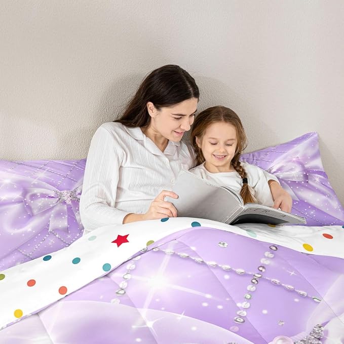 Feelyou Purple Bow Kids Comforter Set Full Size Geometry Bowknot Bedding Set Glitter Duvet Quilt for Kids Boys Girls Bedroom Decor Microfiber Ultra Soft Breathable