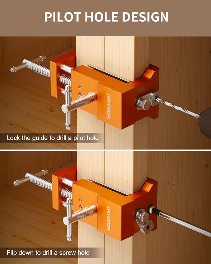 DAYDOOR Professional Cabinet Installation Clamps 4 Pack, Heavy Duty Face Frame Alignment Tool with Integrated Drill Guide & EVA Protection, Woodworking Claw Clamps, Orange