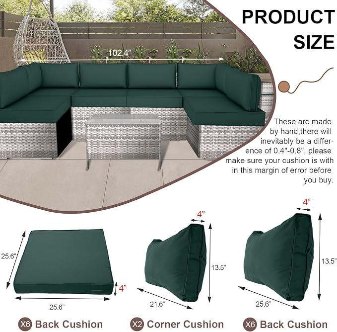 14 Piece Outdoor Furniture Replacement Cushions, Cover+Filling, 25.6" x 25.6" x 4" Foam Waterproof Outdoor Sofa Cushion Sets, Fit Wicker Rattan Sectional Conversation Set, Dark Green