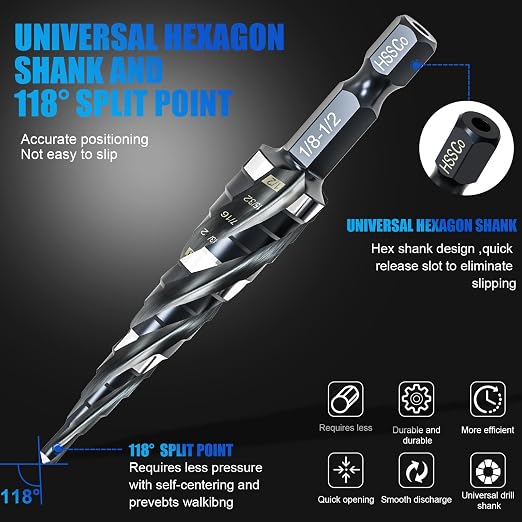 M35 Four Spiral Flute Step Drill Bit Set 1/8"-1/2" （13 Sizes ）,1/4" Hex Shank Drill, Impact Resistant M35 HSS Unibit Step Drill bit for Stainless Steel, Wood, Aluminum, Plastic