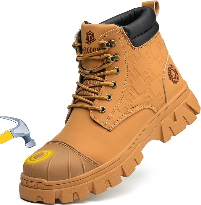 KELODON Waterproof Steel Toe Boots For Men 6 Inch Leather Steel Toe Shoes Non Slip Resistant Safety Work Boots Indestructible Lightweight Construction Boot