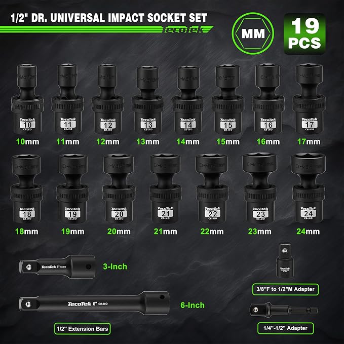 TecoTek 19 PCS 1/2" Drive Shallow Universal Impact Socket Set, Swivel Socket Set, Metric Socket Set with Flexible Wobble, 10-24mm, Cr-Mo Steel, Includes Extension Bars and Adapter