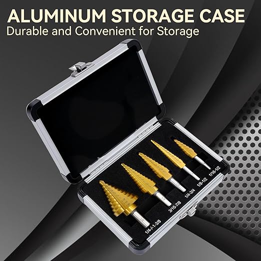 Step Drill Bit Set for Metal- 5PCS Titanium 4241 HSS Step Bit with Two Straight Flutes, 50 Sizes from 1/16" to 1-3/8" for Aluminum, Wood & Plastic, Unibit for Electricians & DIY