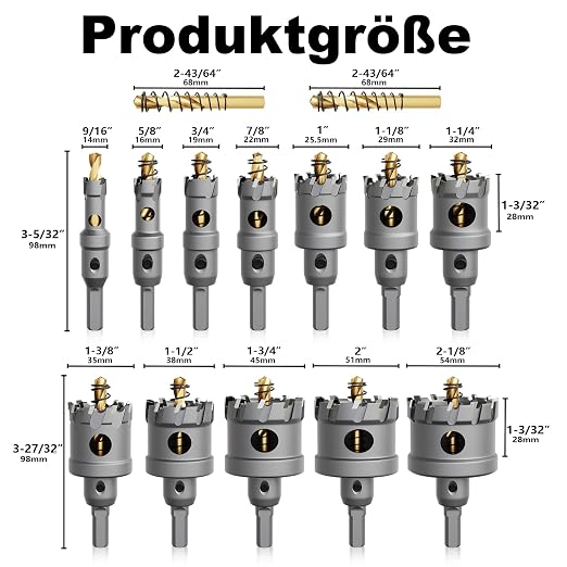 GSTK Upgrade Heavy Duty Carbide Hole Saw 14 Pcs,Metal Steel Hole Saw Drill Bit,TCT Hole Cutter,Alloy Hardness Upgrade, with 2*Extra Titanium Plated Pilot Center Drill and 2*L-Wrench