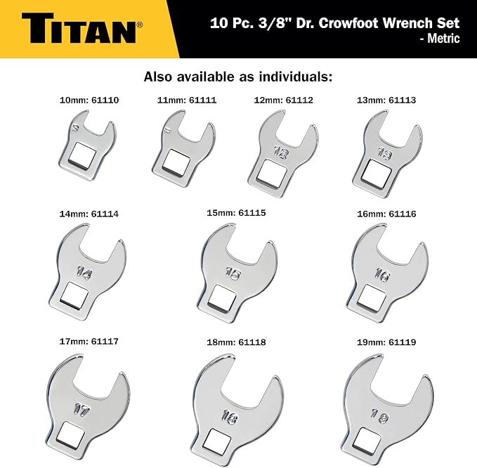 Titan 17295 10-Piece 3/8-Inch Drive Metric Crowsfoot Wrench Set