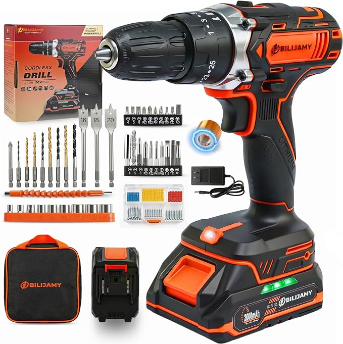 Cordless Drill Set, 20V Power Drill Drivers - 1 * 2.0Ah Battery | Fast Charger, 25+3 Torque, 2 Speed, 3/8"Keyless Chuck, LED Light, 45pcs Drill Bits for DIY, Home Repair, Furniture Assembly