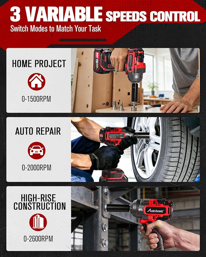 AVID POWER 1/2” Brushless Cordless Impact Wrench/Gun 900ft-lbs, 2 Batteries | 3 Variable Speeds, 20V High Torque Impact Drill, Fast Charger, Sockets, Tool Bag for Car Tire Changes, Lug Nut & Bolt Removal