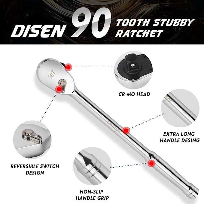 DISEN Extra Long Handle 1/2" Drive Ratchet Socket Wrench,90-Tooth Ratchet Wrench with 14" Handle and Dust Proof Teardrop Enclosed Head, Reversible, CR-V Steel Made, CR-MO Head, Gifts for Men