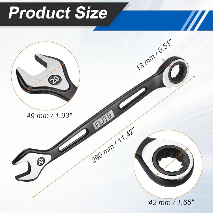 HARFINGTON Ratcheting Combination Wrench 20mm Stubby Wrench Metric High Carbon Steel Double 12-Point Box Open-Ended Ratchet Spanner Tool for Household Garage Workshop Auto Repairs, Black
