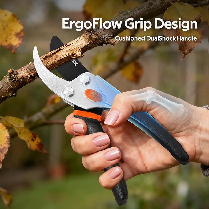 VOTREK® Pruning Shears, 8.5” Professional Garden Pruner with Jam-Proof Spring & Ever-Sharp SK5 Blade, Ergonomic Bypass Clippers for Rose, Tree Trimming, Heavy Duty Bonsai Scissor for Weak Hand