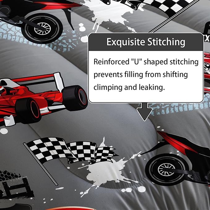 Axolotl Kids Racing Car Comforter Set King Size,Cartoon Race Car Bedding for Boys Girls Teen,Extreme Sport Bedding,Cars Racing Race Cars Quilt Bed Set with 1 Comforter 2 Pillowcases,Red Grey