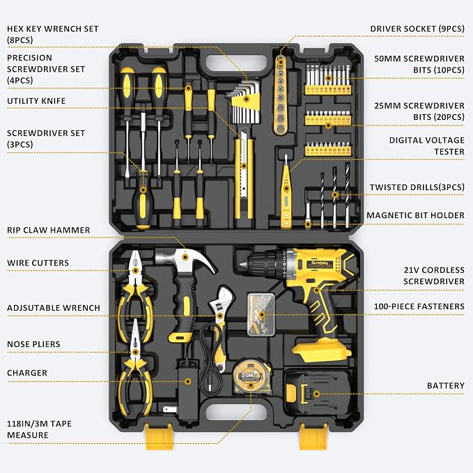 Sundpey Tool Kit with 21V Drill - 170-PCs Portable General Basic Home Repair Tool Set with Power Drill & 2.0Ah Battery & Charger & Tool Box for Homeowner Drilling DIY Projects House Repairs & Handyman