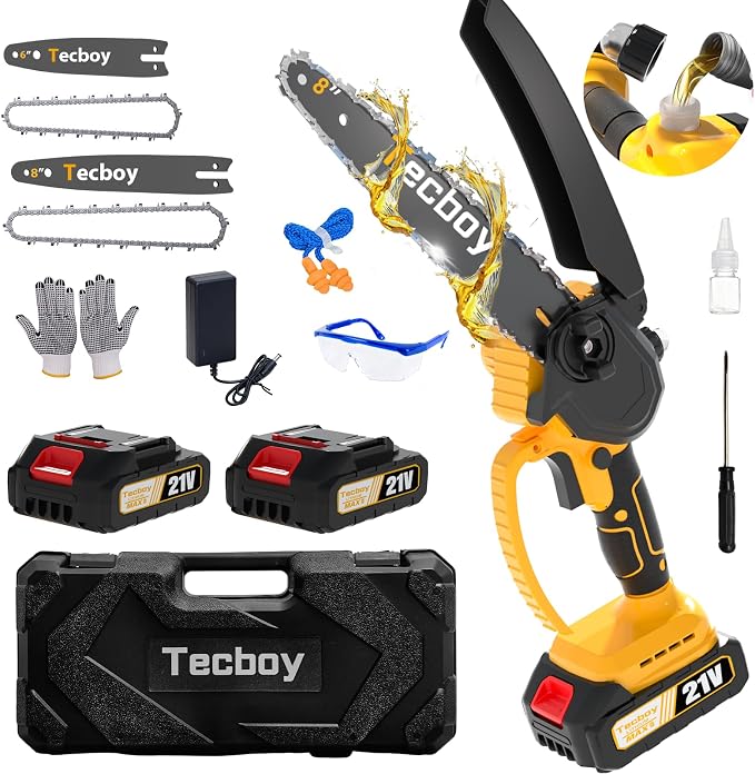 8+6 Inch Mini Chainsaw Cordless Electric Chainsaws Handheld with 2X 2.0Ah Batteries, Battery Powered Chain Saw Small Chain Saws for Tree Trimming, Yard Gardening Tools, Birthday Gifts for Men(YellowA)