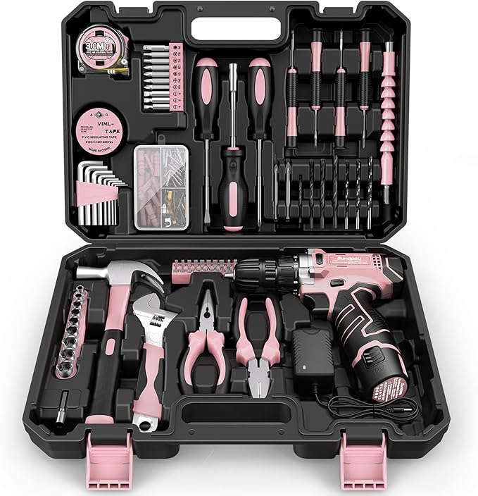 Sundpey 206PC Portable Basic Home Tool Kit Set with 12V Cordless Drill Pink