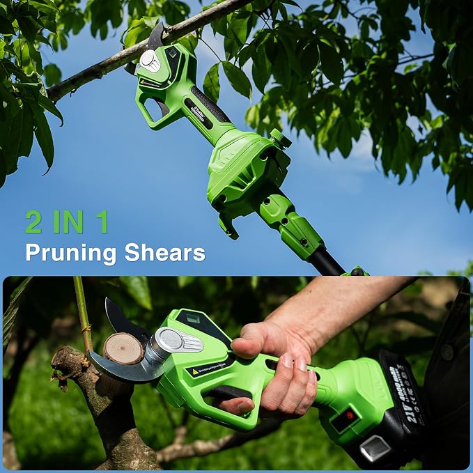 TaskStar Electric Pruning Shears with Pole: 1.6" Cutting Diameter 2-in-1 Cordless Pole Pruner - 2 Pcs 4.0Ah Batteries, Brushless Motor, Extra SK5 Blade, Branches Cutter for Flower Tree Trimming
