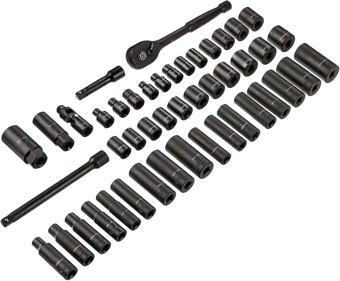 Amazon Basics 46-Piece 3/8-Inch Drive Socket Set with 6 & 12 Point Sockets, 72 Teeth Ratchet, SAE & Metric Sizes, Extension Bars, Universal Joint, Carrying Case