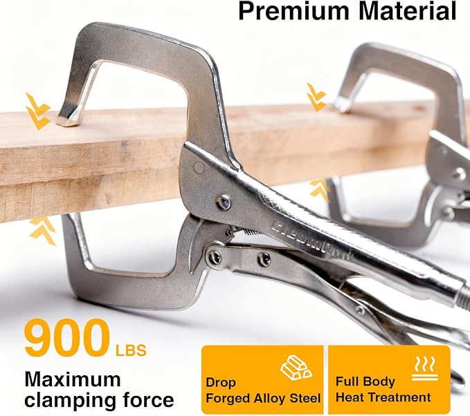 11" Locking C-Clamp Pliers, 3-3/8" Max Jaw Opening & 2-3/8" Throat Depth, 900 Lbs Heavy Duty Clamping Force, Heat-Treated Alloy Steel with Nickel Plating for Welding & Woodworking 4 Pack
