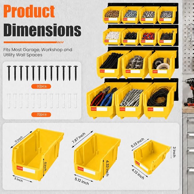 14pc Wall-Mounted Organizer V1 V2 V3 Master Combo Set Yellow | Heavy duty metal rails multi-size bins master set for garage screws, tools, batteries & wrenches.