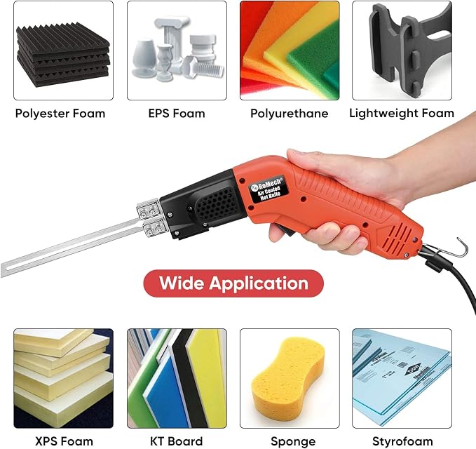 ROMECH Hot Knife Foam Cutter, 200W Air-Cooled Electric Foam Cutting Tool Kit with Blades & Heavy-Duty Case for EPS, XPS, EVA, EPP RM-009 (200W Air Cooled)