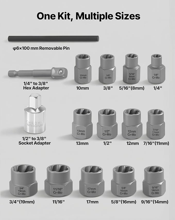 VEVOR Bolt Extractor Kit, 16 Pieces Impact Bolt & Nut Remover Set with Adapters and Pin Punch, Solid Storage Case, Cr-Mo Steel for Removing Damaged, Rusted, Stripped, Rounded Bolts, Nuts and Screws