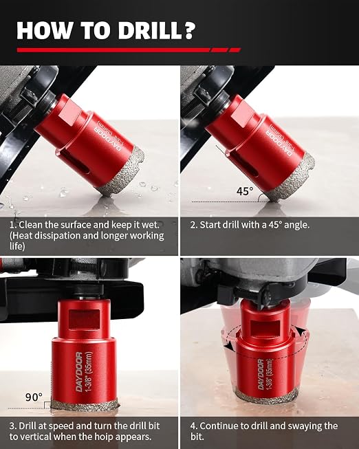 DAYDOOR Diamond Hole Saw Kit, 13-Piece Tile Hole Saw Kit 1/4" 5/16" 4/5" 1" 1-3/8" 2" 3" 4",Vacuum Brazed Core Drill Bits for Porcelain Tile, Granite, Marble, Stone(Red)