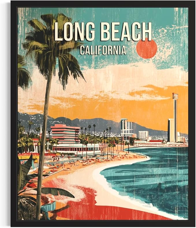 Long Beach California Black Framed Wall Art Print Poster, US Vintage Retro Beach Scenery Posters Prints for Restroom Home Picture Painting Artwork Gallery 219 (Long Beach California, 16 x 20 inches, Black Frame)