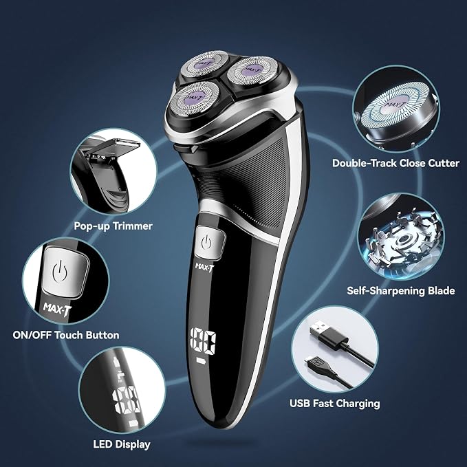MAX-T Men's Electric Shaver - Corded and Cordless Rechargeable 3D Rotary Shaver Razor for Men with Pop-up Sideburn Trimmer Wet and Dry Painless 100-240V Black (Metal Black)