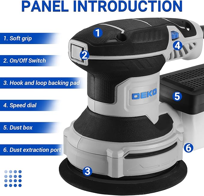 Orbital Sander Corded Hand Sander: DEKOPRO 5" Random Orbital Sander with Dust Box, 6 Various Speeds Electric Palm Sander with Dust Box, 16Pcs Sandpapers for Woodworking & Sanding (Blue)