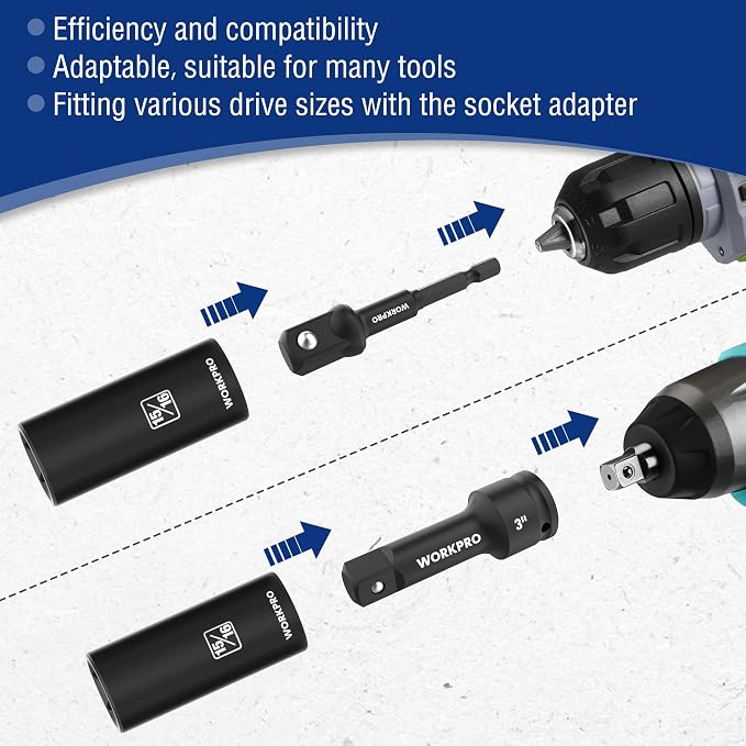 WORKPRO 20-Piece 1/2＂ Drive Deep Impact Socket Set, SAE | 6-Point, Cr-V Steel, 3/8"-1-1/4" Sizes, Universal Joint, Adapter, Extension Bar, Automotive Repair, Mechanical Work
