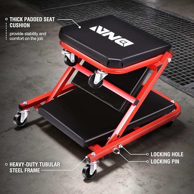 ‎DNA MOTORING TOOLS-00184 36 Inches 2 IN 1 Rolling Folding Car Creeper/Seat, 6 Pcs 2" Casters, 150kg Weight Capacity, Red