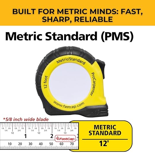 FastCap ProCarpenter Metric/Standard Measuring Tape - Ideal for Professionals and Home Improvement - with Lever Action Belt Clip and Dual Locking System - 12' - 99954