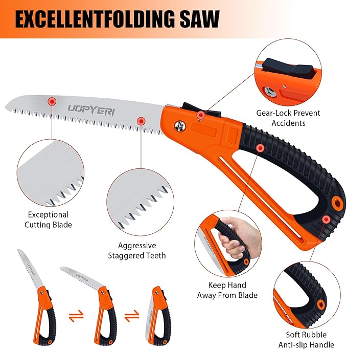 Folding Hand Saw 8 Inch with Safety Hand Guard, Heavy Duty Pruning Saw for Tree Trimming & Camping, High Carbon Steel Triple-Cut Razor Teeth for Wood, PVC, Bone, Survival Gear