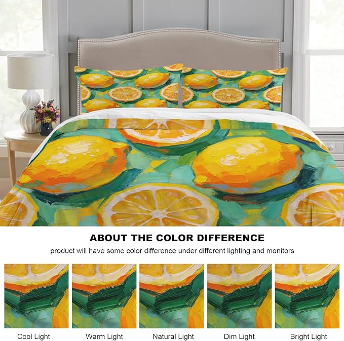 Batmerry Lemons Queen Size 100% Cotton Duvet Cover Sets, Impressionistic Lemon Pattern Bedding Set with Zipper Closure Corner Ties, 3 Pieces (1 Cover + 2 Pillowcases No Comforter)