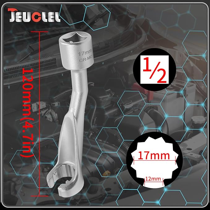 17mm 12 Point 1/2" Dr. Common Rail Injection Fuel Line Nut Socket | Open Socket Wrench, Diesel Engine Temperature Removal Tool, Exhaust Gas Temp Sensor Extractor