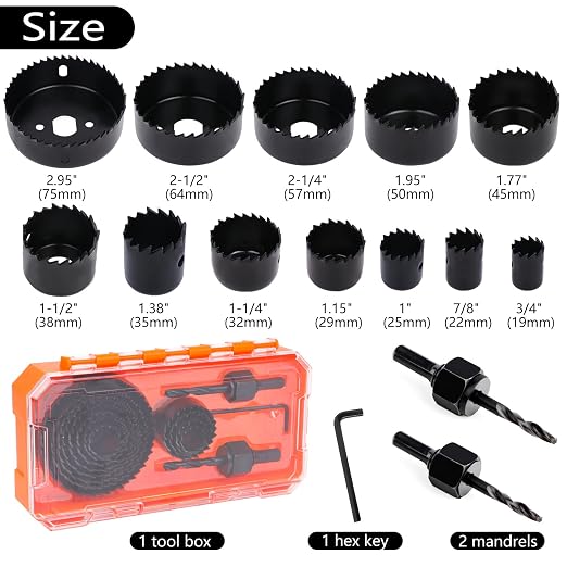 Hole Saw Kit, 15pcs Hole Saw Set with 3/4" to 2.95"(19mm-75mm) 12 PCS Saw Blades, Mandrels, Hex Key, 2024 Upgraded Hole Saw for PVC Board, Wood and Plywood