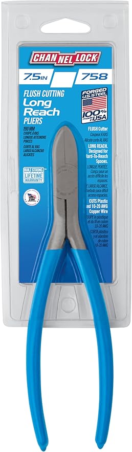 Channellock Side-Cutting Pliers 758 - Long Reach Diagonal Flush Cutting Plier - 7.5 In