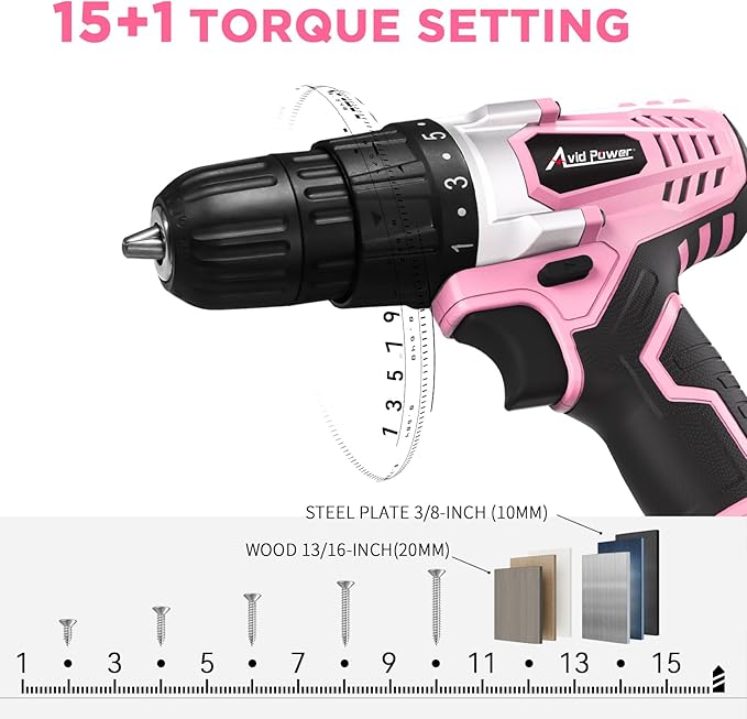 AVID POWER 20V Cordless Drill Set for Home DIY & Beginner Projects - Lightweight Power Drill with Battery Charger & 22 Bits, Variable Speed, 3/8" Keyless Chuck, Ideal for Furniture Assembly (Pink)