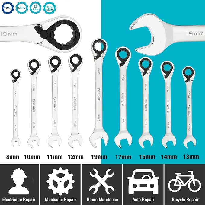 DURATECH Reversible Ratcheting Combination Wrench Set, Metric, 9-Piece | Open end Spanner, 8mm, 10mm, 11mm, 12mm, 13mm, 14mm, 15mm, 17mm, 19mm, 12 Point, CR-V Steel, with Rolling Pouch