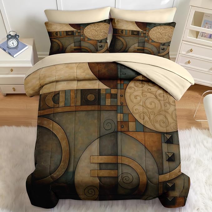 Nesker Comforter Set Full Size, Geometry Vintage 7 Pcs Bedding for Kids and Adults, Abstract King Retro Tribe Bed Sheet Sets with Fitted Sheet 2 Pillowcases & 2 Shams
